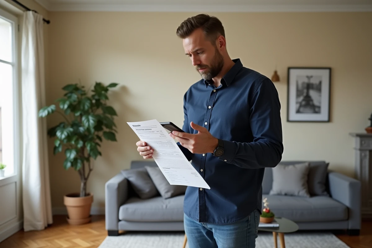 Homme comparant des devis d'assurance habitation MACIF dans un appartement français bien aménagé