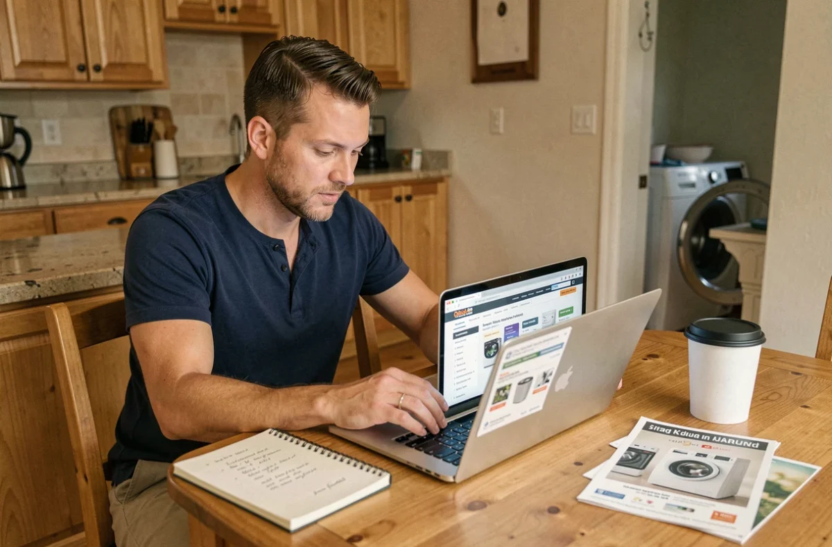 Homme comparant des marques de lave-linge sur internet avant un achat en consultant des avis consommateurs