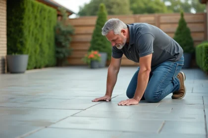 Homme d'&acirc;ge moyen examine le b&eacute;ton sur une terrasse ext&eacute;rieure
