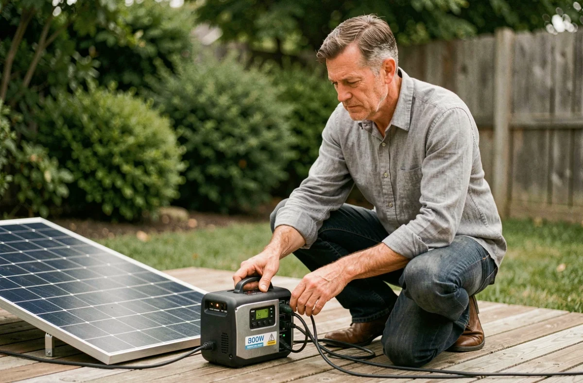 Homme connectant un panneau solaire portable 300W à une station d'énergie sur une terrasse en bois dans un jardin