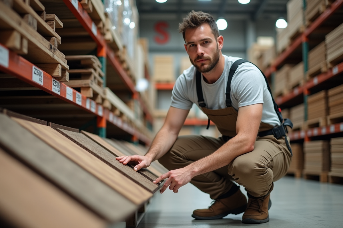 Jeune homme comparant des échantillons de deck en magasin