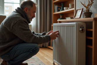 Homme d'âge moyen inspectant un radiateur électrique dans un salon cosy