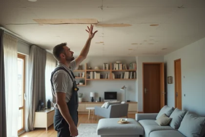 Homme en vêtements décontractés touche un plafond isolant