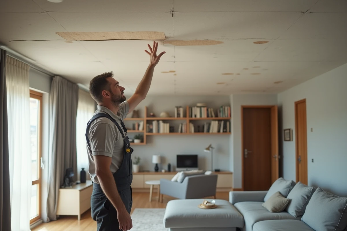 Homme en vêtements décontractés touche un plafond isolant