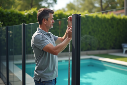 Homme mesurant une cloture de piscine moderne en extérieur