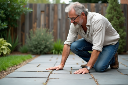 Homme inspectant un patio en pierre naturelle avec joints parfaits