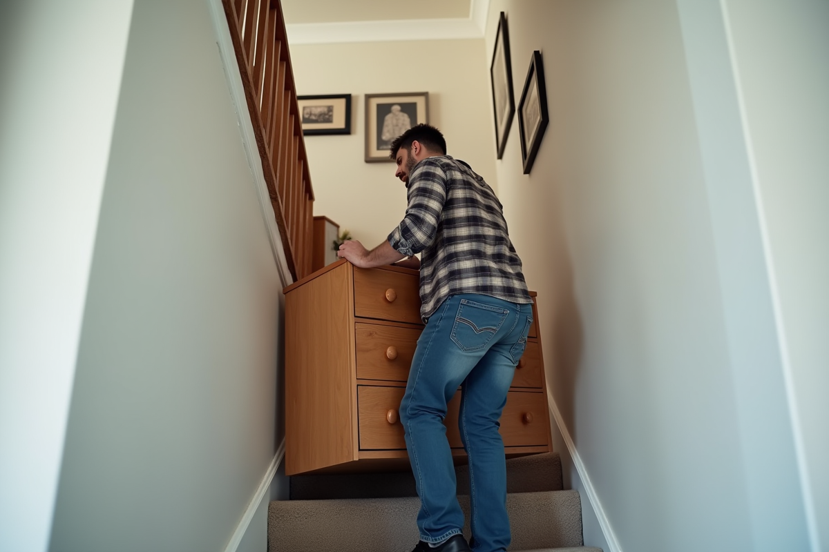 Homme portant un meuble en bois dans une maison moderne