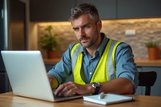 Homme d'âge moyen compare sites de rénovation à la maison