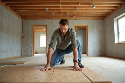 Homme en travail sur une mezzanine en construction