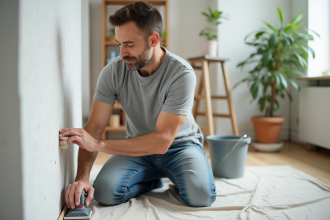 Homme d'âge moyen ponçant un mur intérieur avec concentration