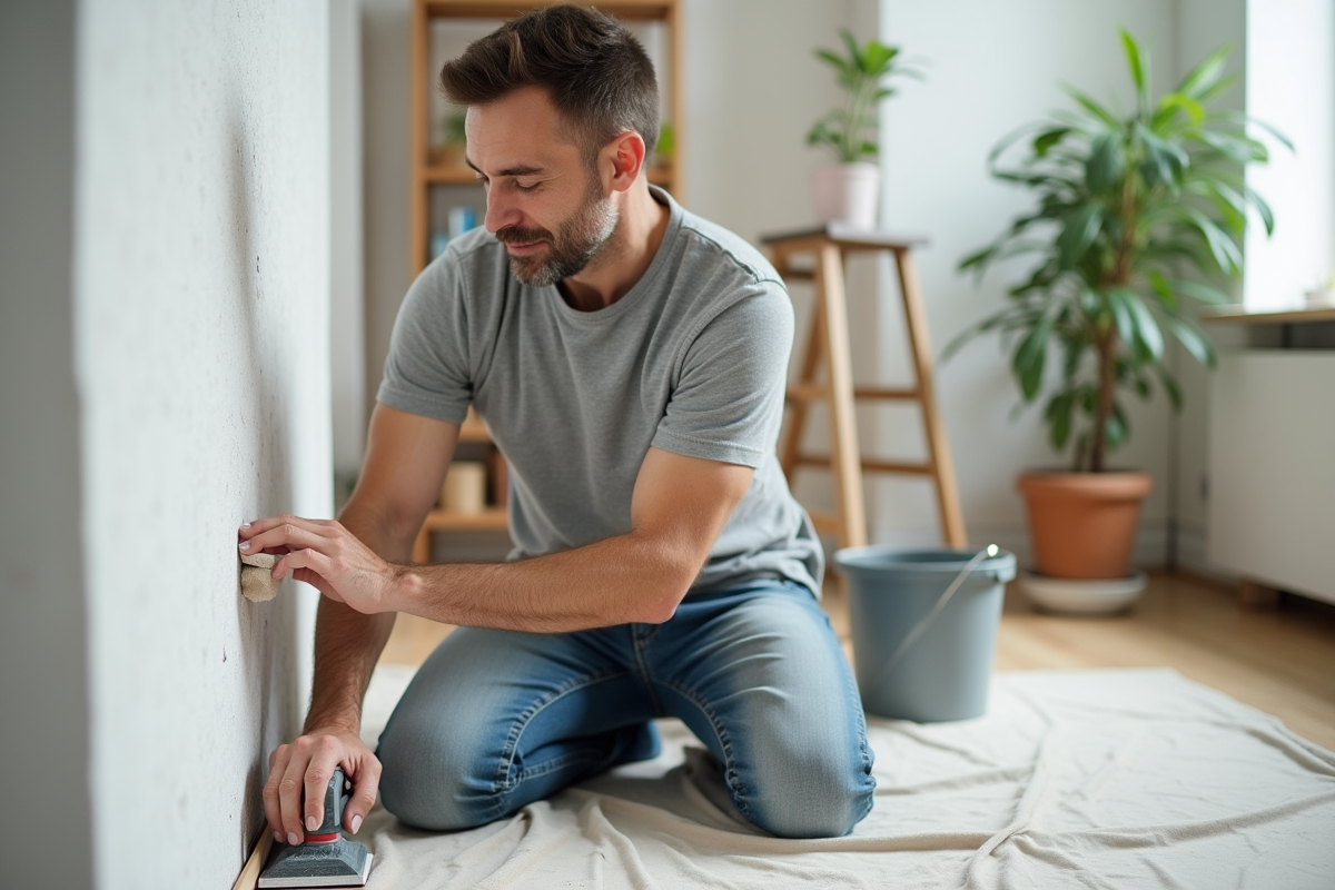 Homme d'âge moyen ponçant un mur intérieur avec concentration