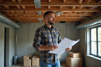 Homme d'âge moyen inspectant un plafond de sous-sol en rénovation