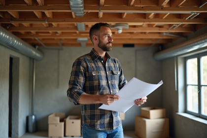 Homme d'âge moyen inspectant un plafond de sous-sol en rénovation