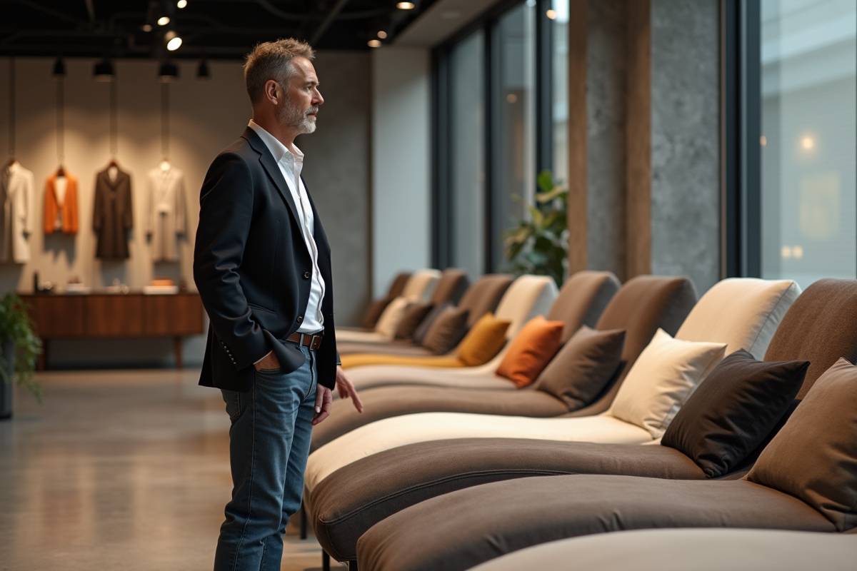 Homme inspectant des chaises dans un showroom de meubles haut de gamme