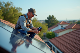 Homme en vêtements de travail près de panneaux solaires modernes
