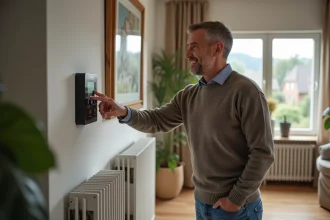 Homme ajustant un thermostat digital dans un salon moderne