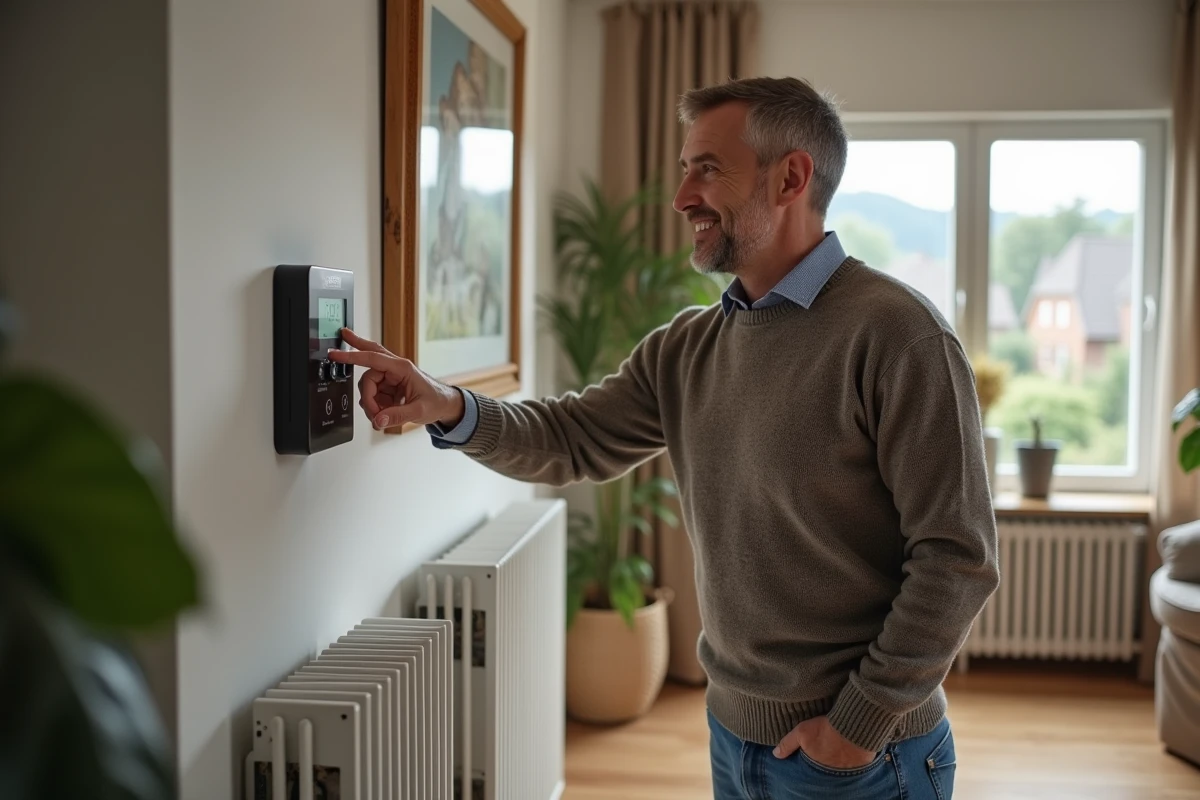 Homme ajustant un thermostat digital dans un salon moderne