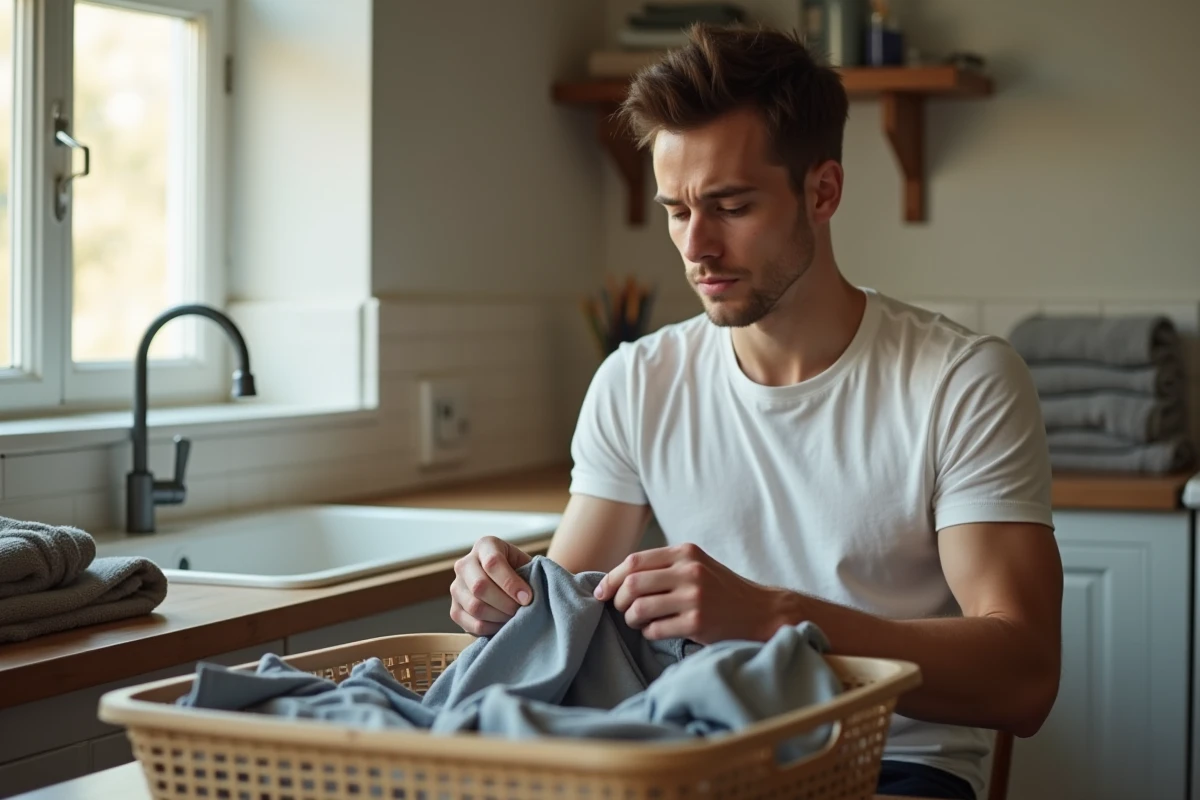 Jeune homme triant des v&ecirc;tements sales dans une cuisine lumineuse