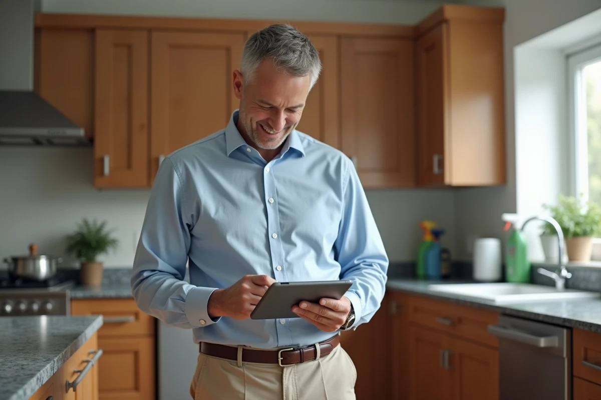 Homme v&eacute;rifiant une liste sur tablette dans une cuisine ordonnee