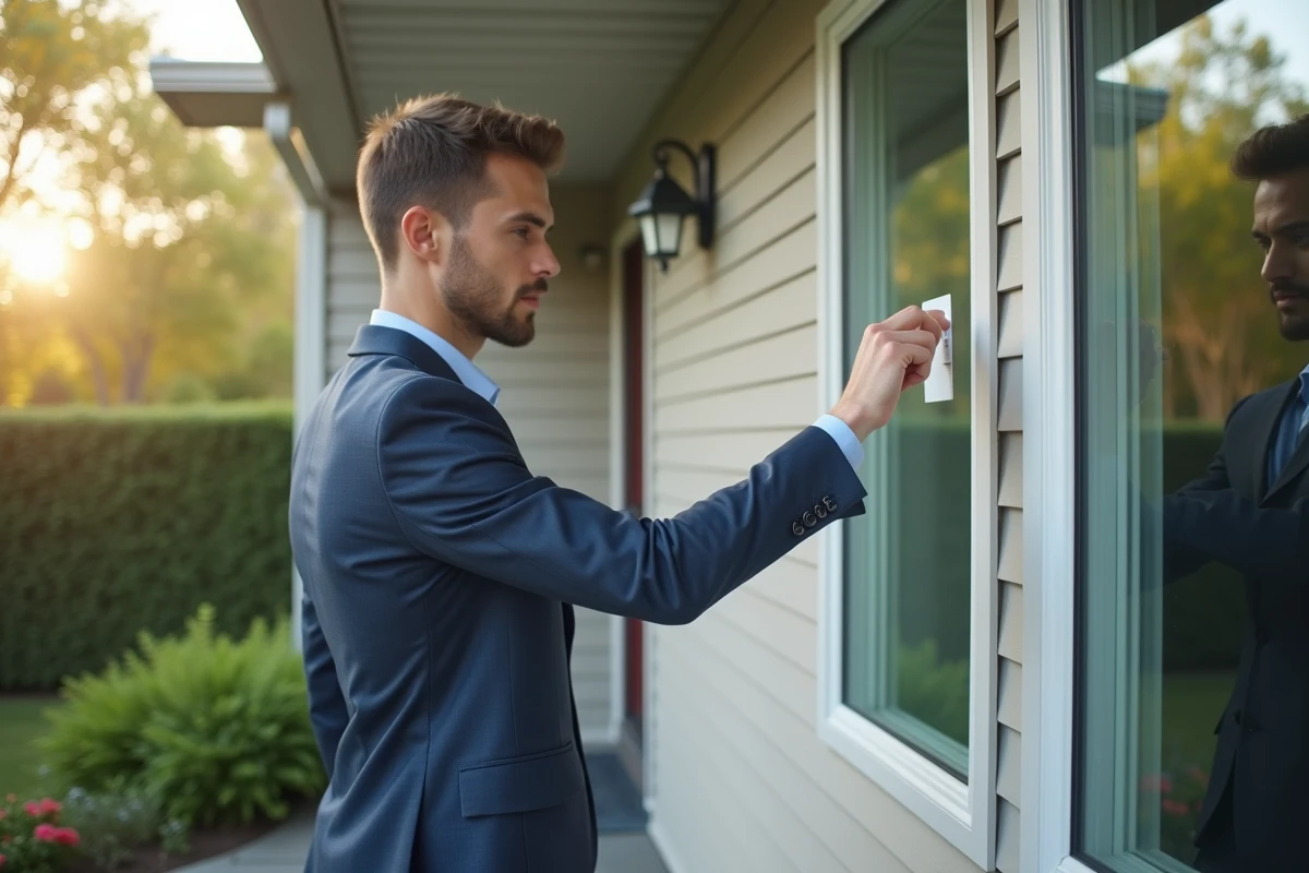 Jeune homme regardant un sticker de securite sur une fenetre