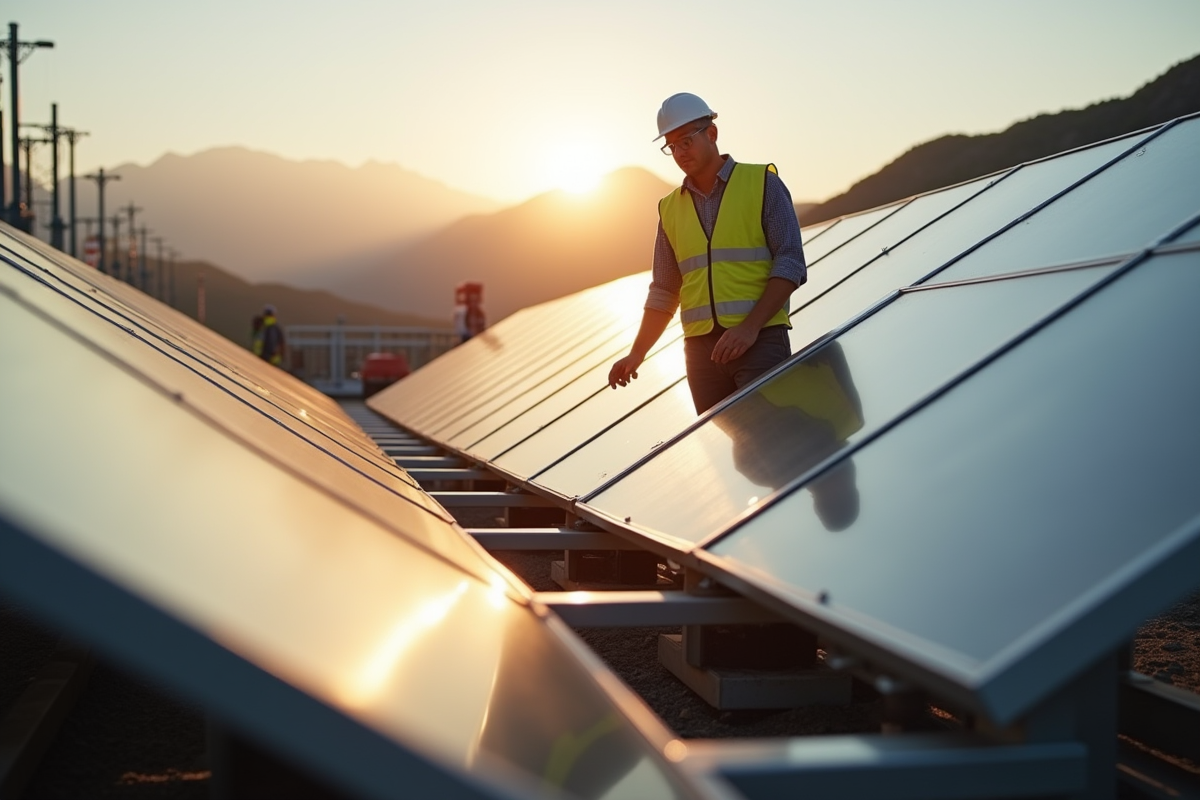 Ingénieur inspectant des collecteurs solaires thermiques au matin
