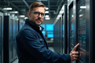 Ingénieur industriel avec serveur dans salle moderne