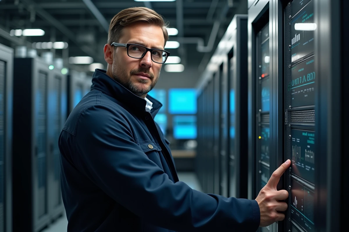 Ingénieur industriel avec serveur dans salle moderne