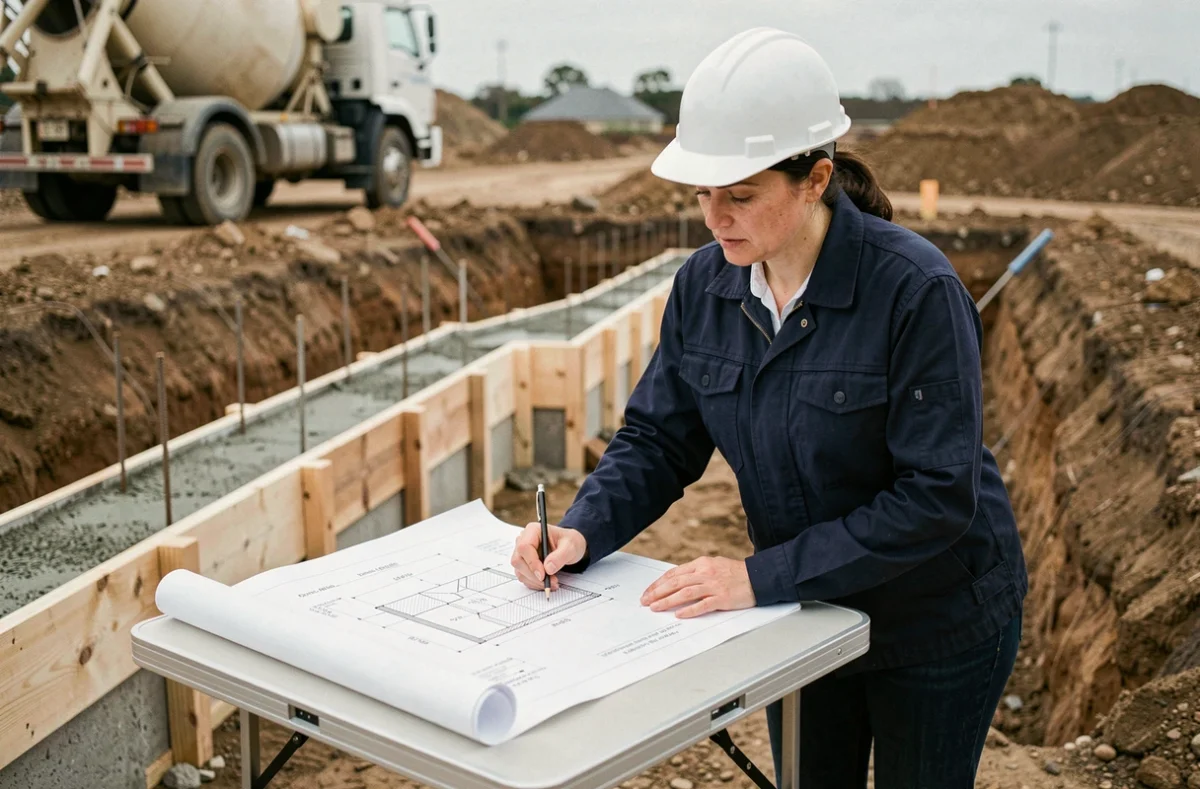 Ingénieure en génie civil calculant le volume de béton pour des semelles filantes sur chantier avec plans
