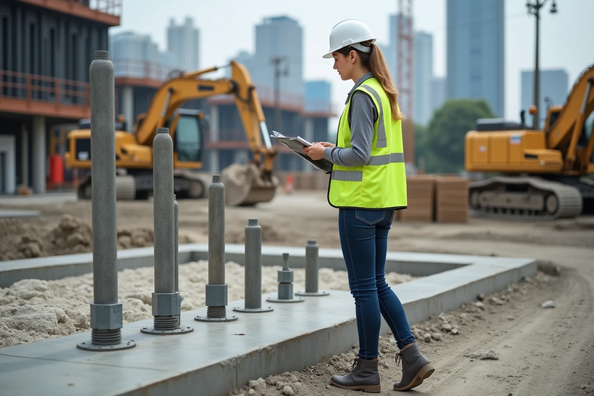 Ingénieure vérifiant des boulons sur un chantier extérieur