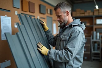 Professionnel de la toiture inspectant un bac acier imitation zinc dans un showroom de matériaux de construction
