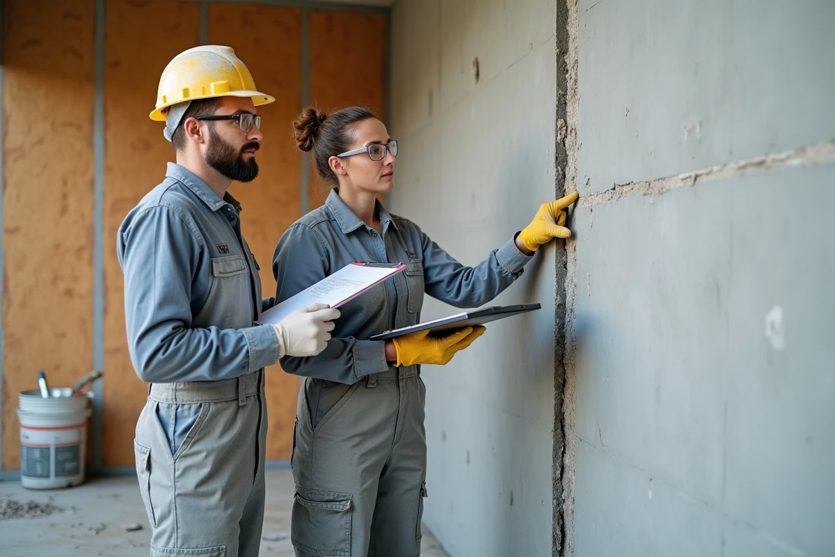 Deux artisans inspectant une erreur de découpe de toile enduit sur un angle de façade lors d'une rénovation extérieure