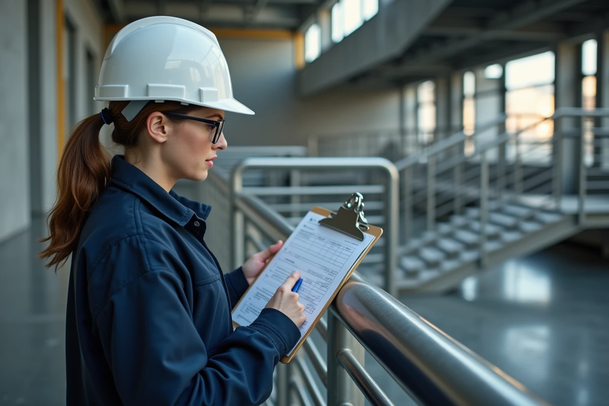 Ingénieure inspectant un garde-corps intérieur en acier inoxydable avec une liste de contrôle de conformité NF P01-012