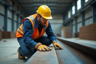 Ingénieur en bâtiment inspectant une poutre IPN métallique dans un entrepôt industriel