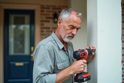 Homme installant une boîte à clé à code sur un mur extérieur en perçant les trous de fixation
