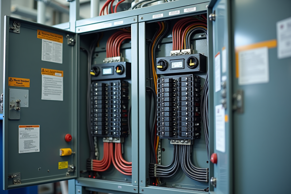 Panneau électrique organisé avec câblage coloré et étiquettes de sécurité