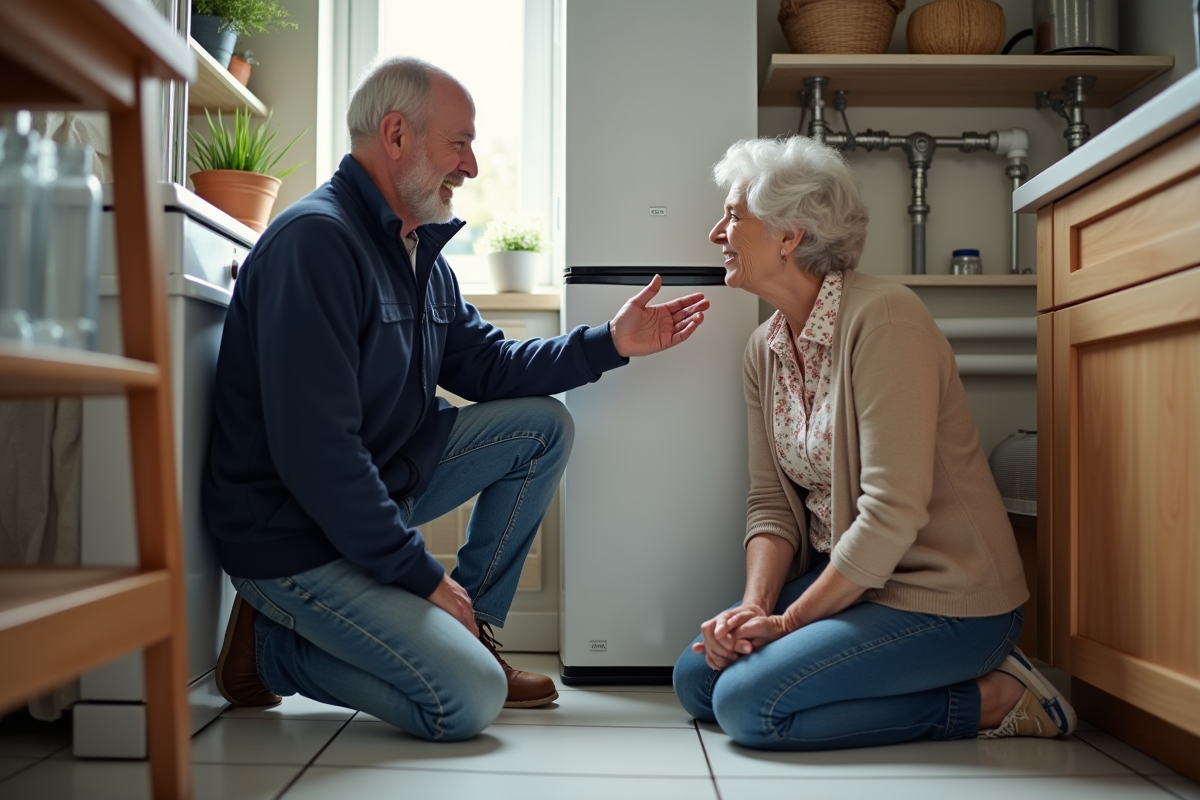 Homme expliquant la chaudière à une femme dans une pièce chaleureuse
