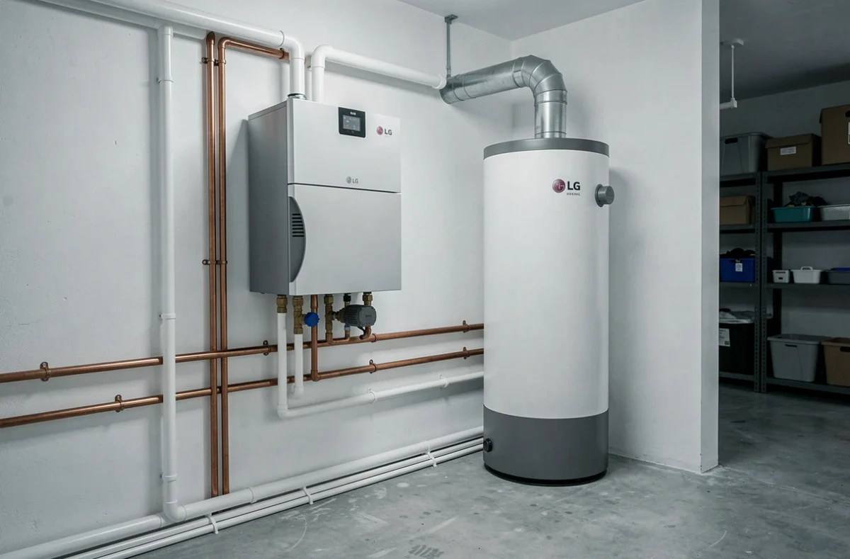 Installation intérieure d'une pompe à chaleur LG air eau avec ballon tampon et collecteur plancher chauffant