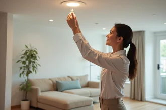 Femme installant une lampe LED dans un plafond blanc moderne