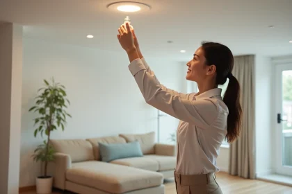 Femme installant une lampe LED dans un plafond blanc moderne