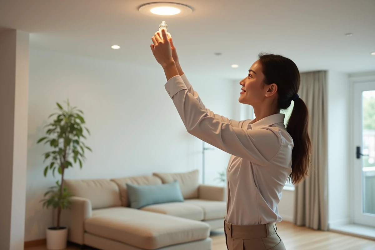 Femme installant une lampe LED dans un plafond blanc moderne