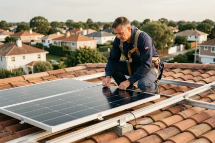 Installateur professionnel posant un panneau solaire Systovi sur un toit de maison individuelle