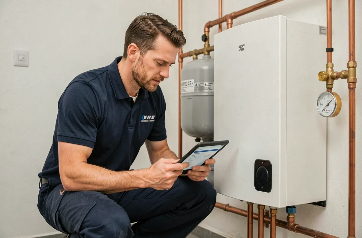 Technicien chauffagiste configurant l'unité intérieure d'une pompe à chaleur air-eau Hitachi Yutaki S Combi dans une chaufferie