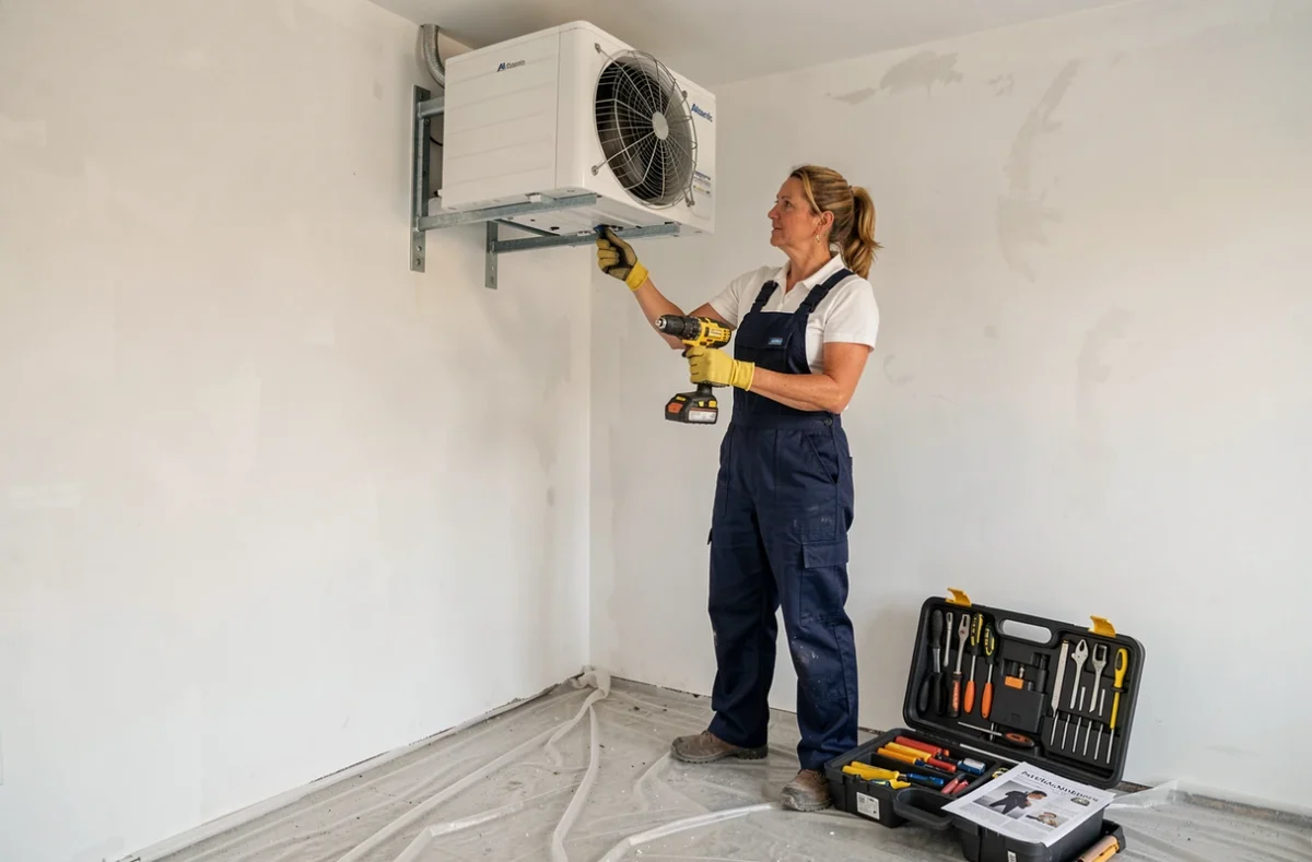 Technicienne CVC en train d'installer une pompe à chaleur Atlantic dans une chambre en rénovation