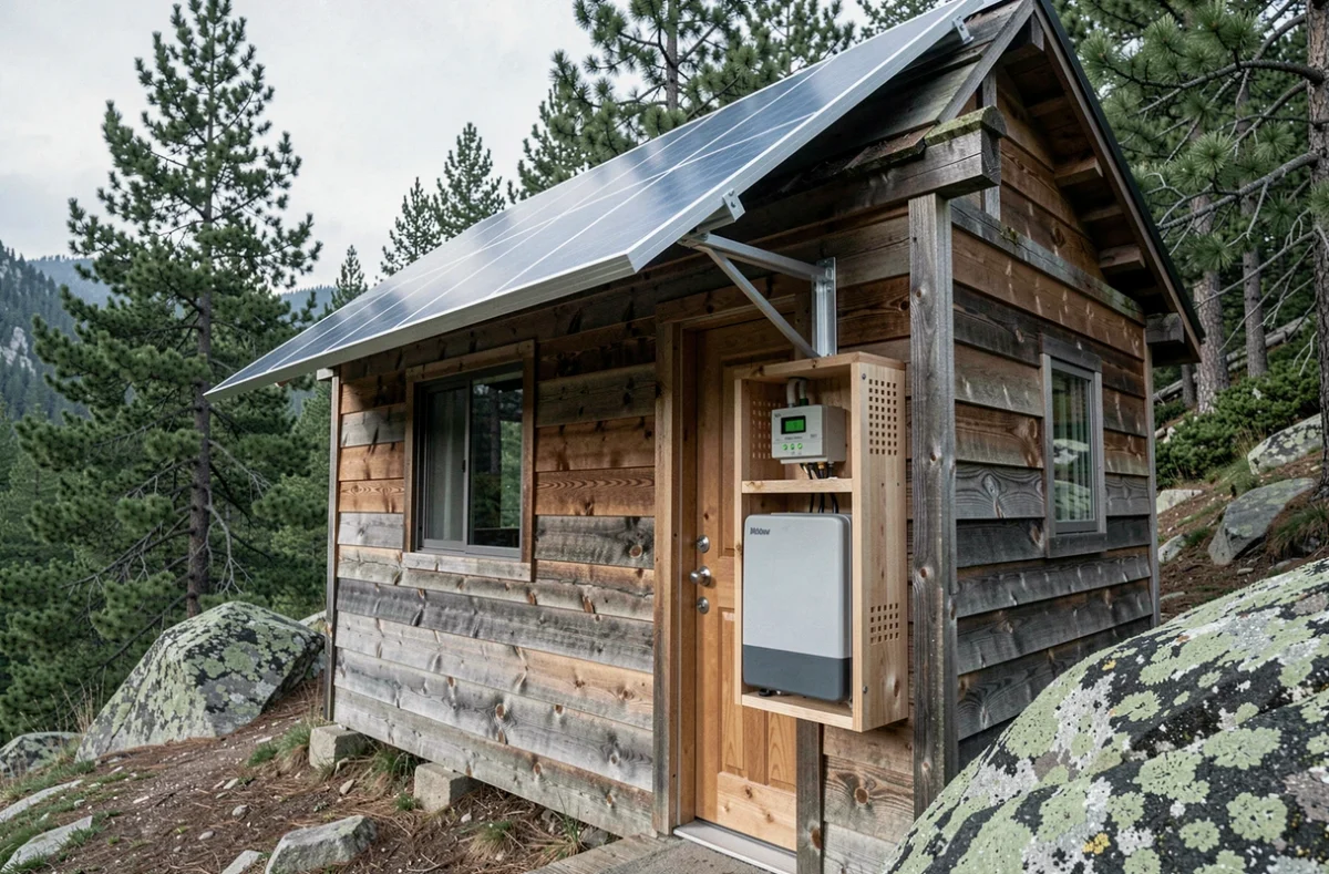 Installation solaire autonome avec panneau 200W et batterie lithium sur un chalet de montagne hors réseau