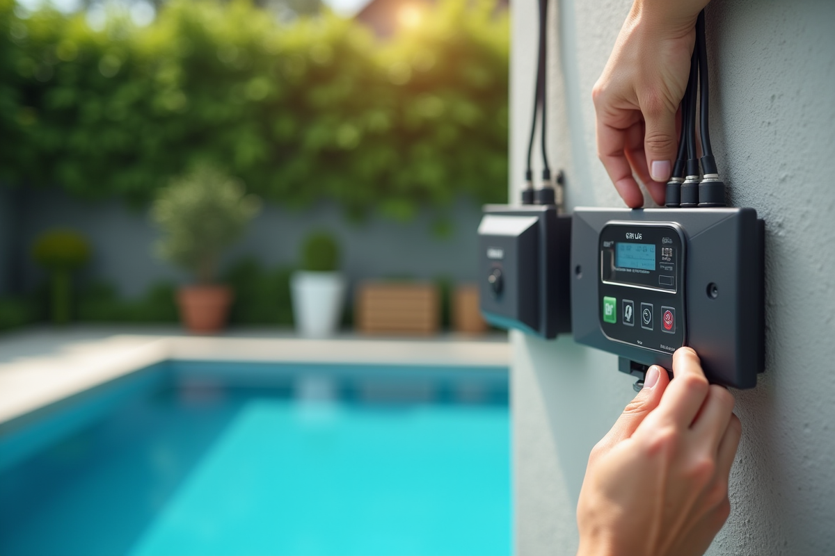Installateur connectant un systeme de piscine intelligente