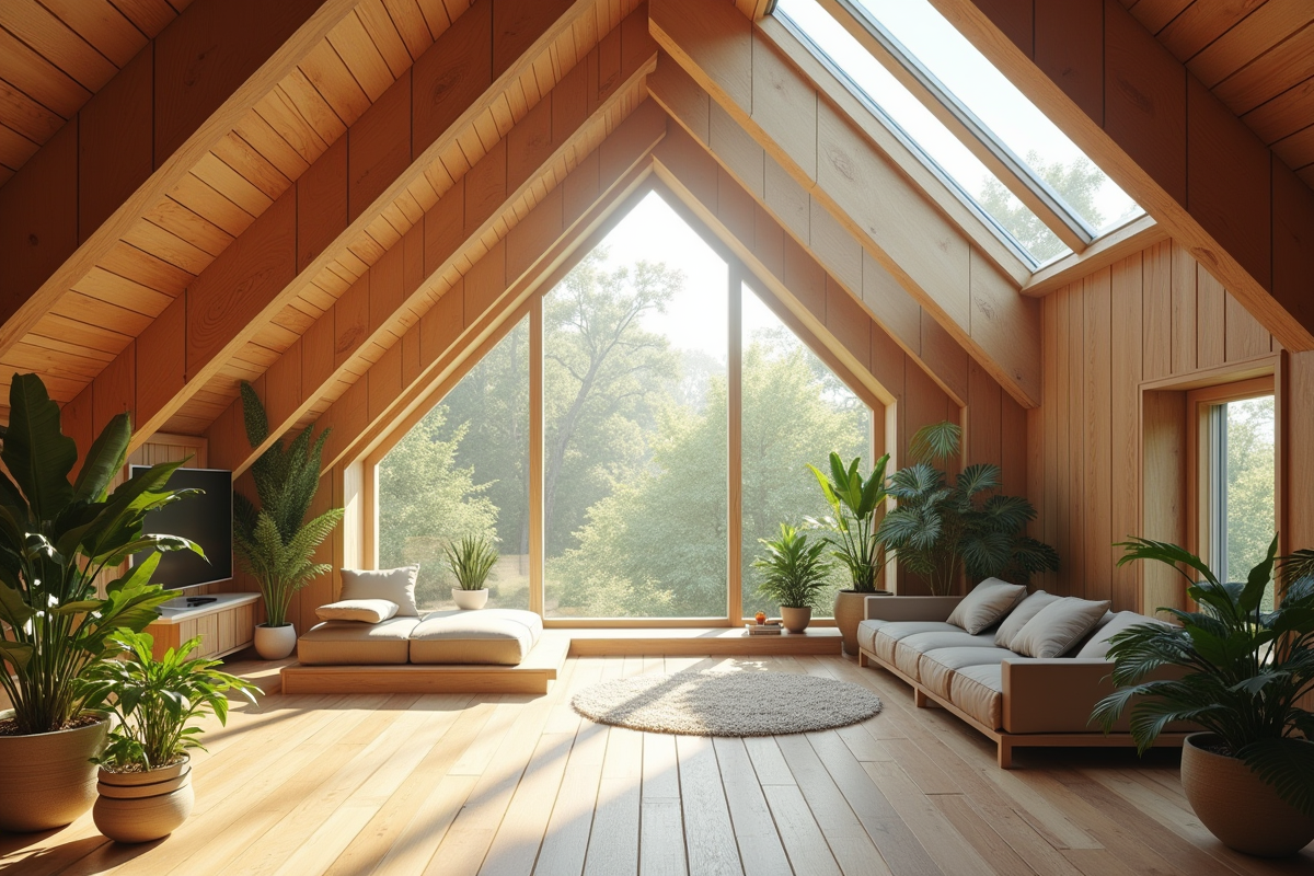 Intérieur écologique avec poutres en bois et plantes d