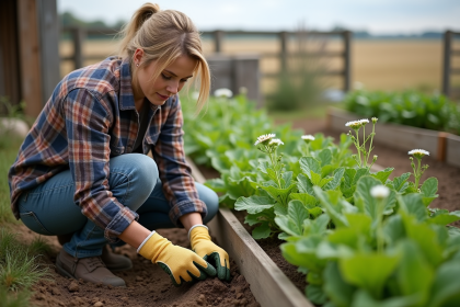 Femme plantant des fleurs sauvages dans un jardin