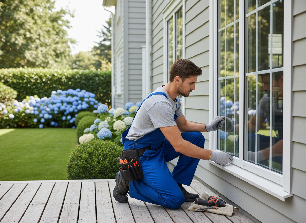 Jeune artisan installant une fenetre dans le jardin