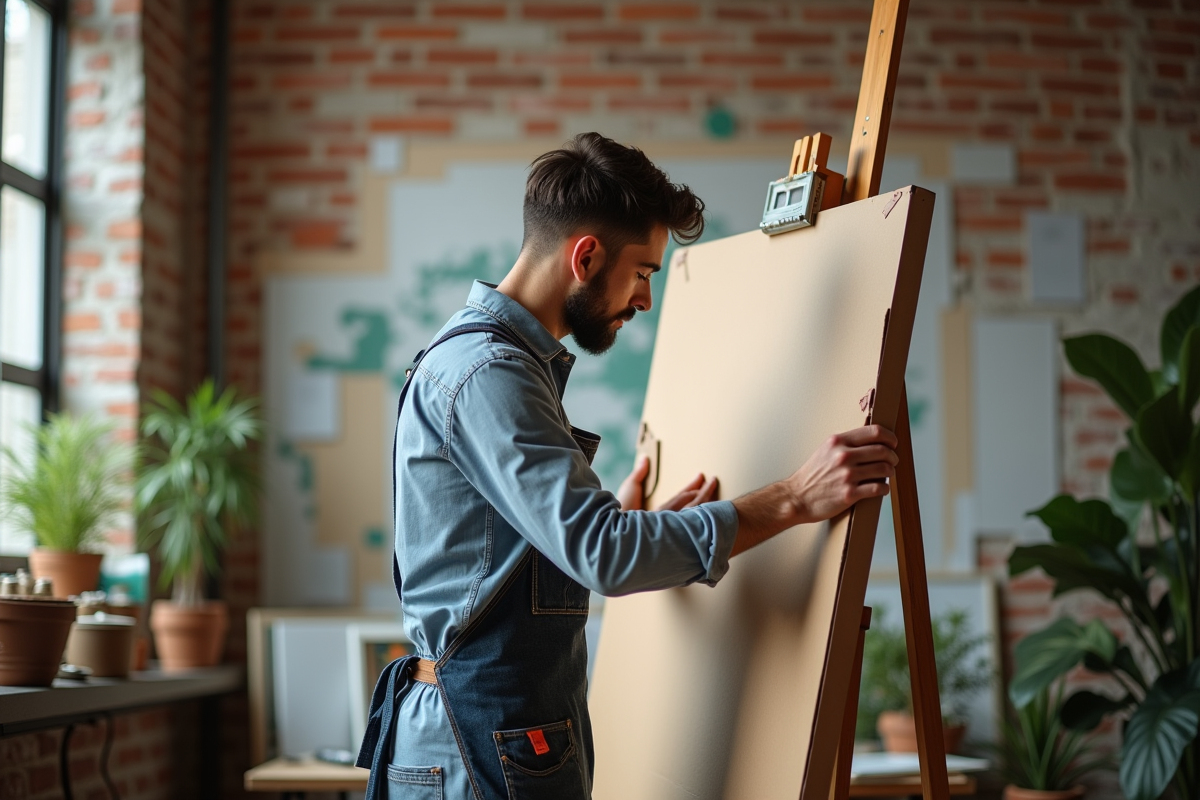 Jeune homme tapant un cadre de toile dans un loft créatif