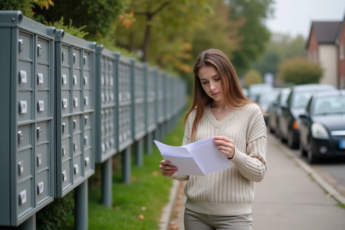 Jeune femme vérifiant sa boîte aux lettres communautaire